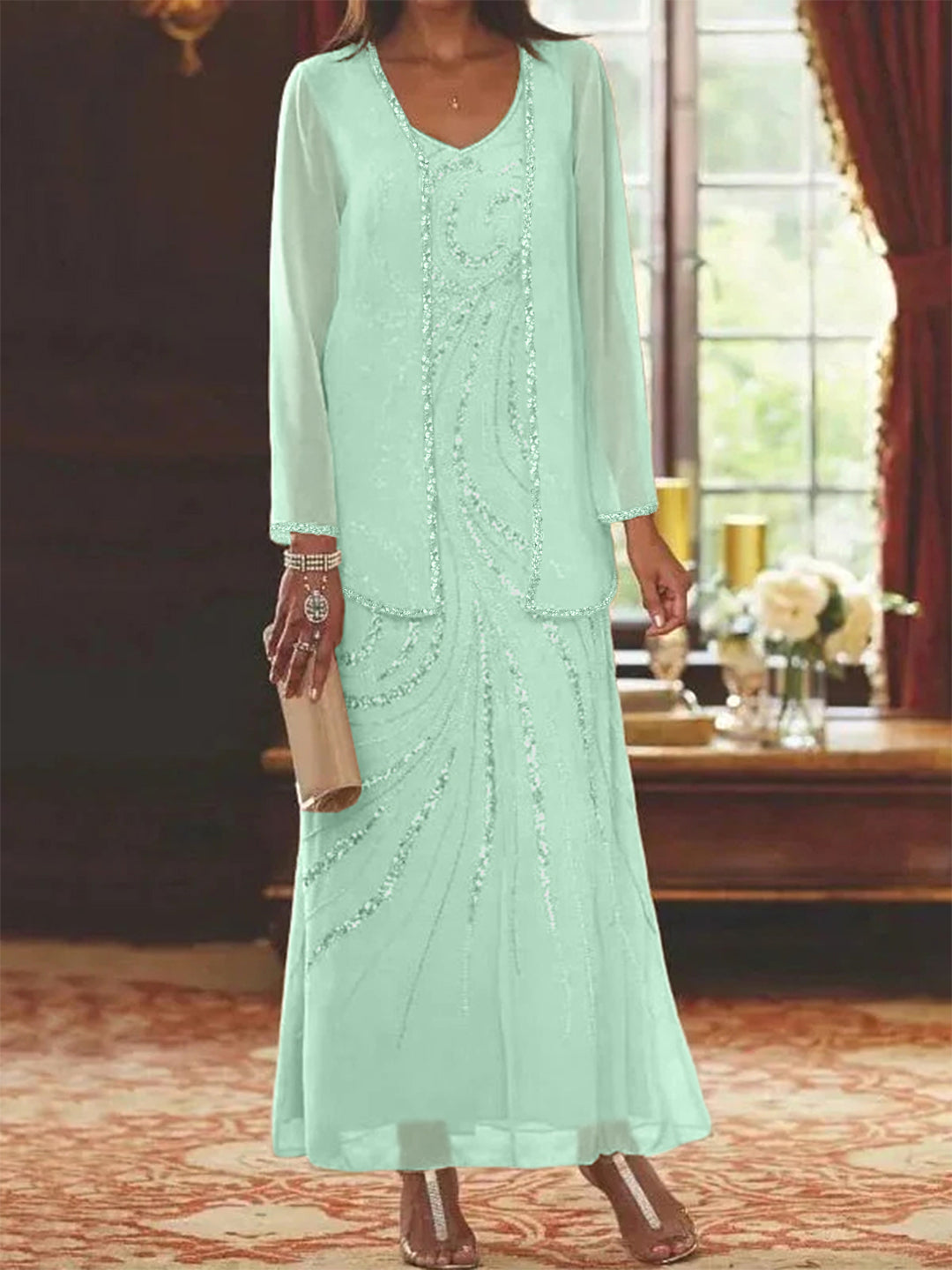 Chiffon Mother of the Bride Dress 3/4 Sleeve Wedding Guest Dress with Beadings