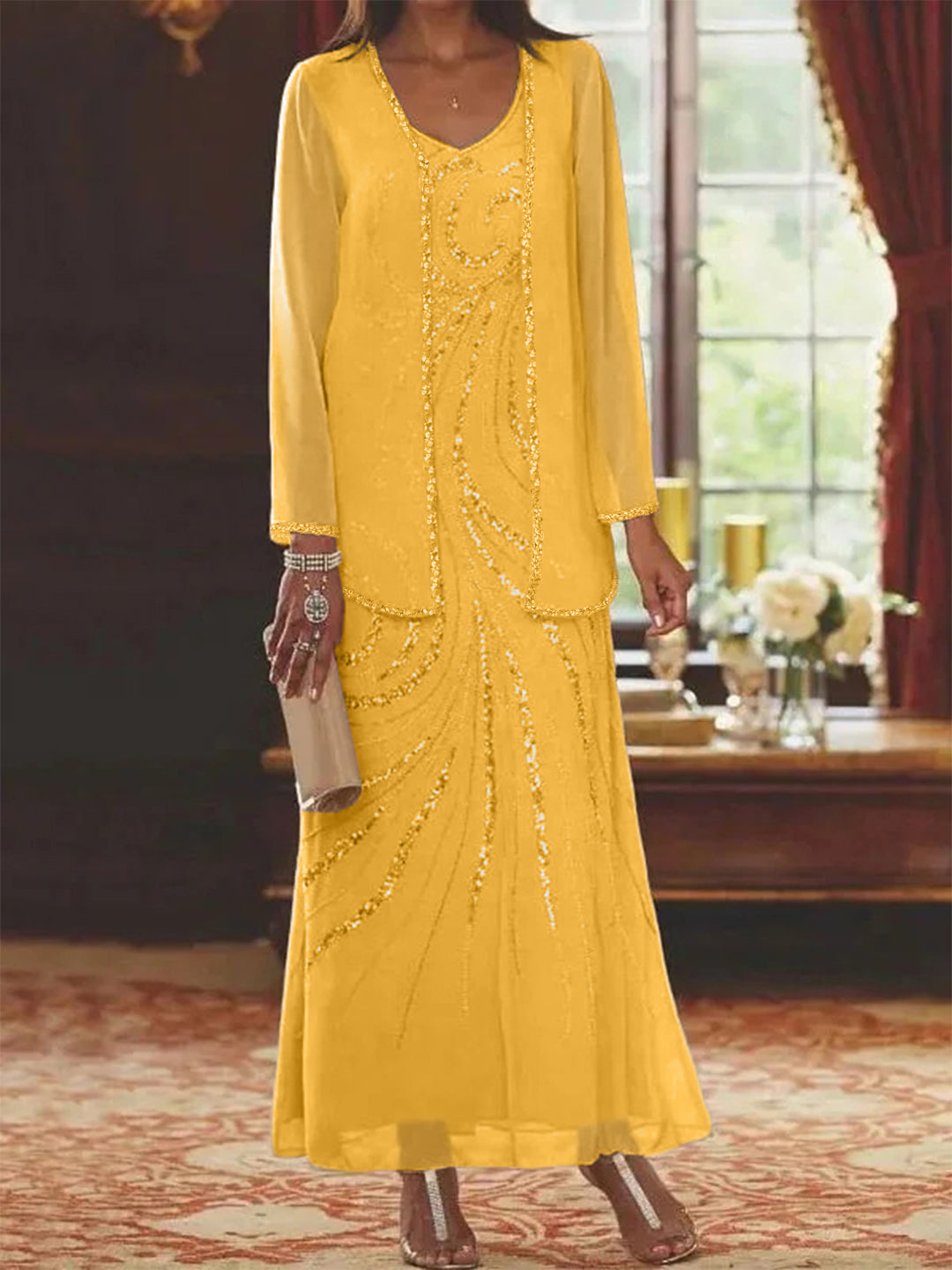 Chiffon Mother of the Bride Dress 3/4 Sleeve Wedding Guest Dress with Beadings