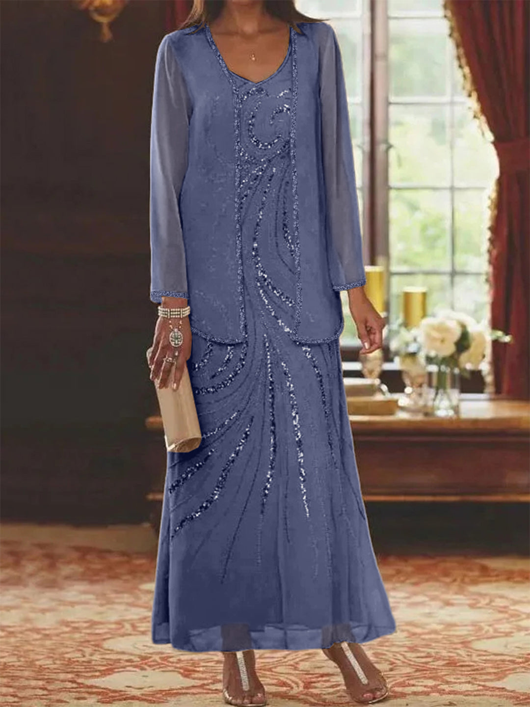 Chiffon Mother of the Bride Dress 3/4 Sleeve Wedding Guest Dress with Beadings