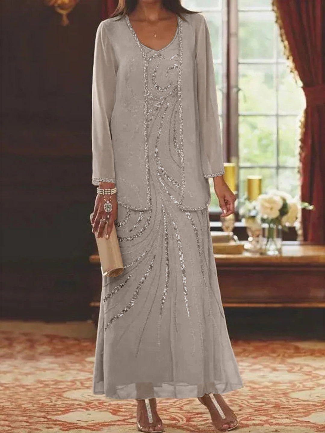 Chiffon Mother of the Bride Dress 3/4 Sleeve Wedding Guest Dress with Beadings
