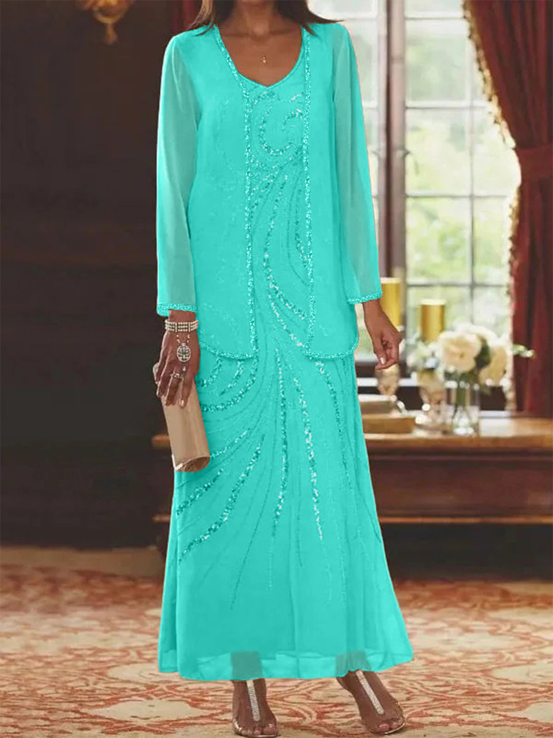 Chiffon Mother of the Bride Dress 3/4 Sleeve Wedding Guest Dress with Beadings