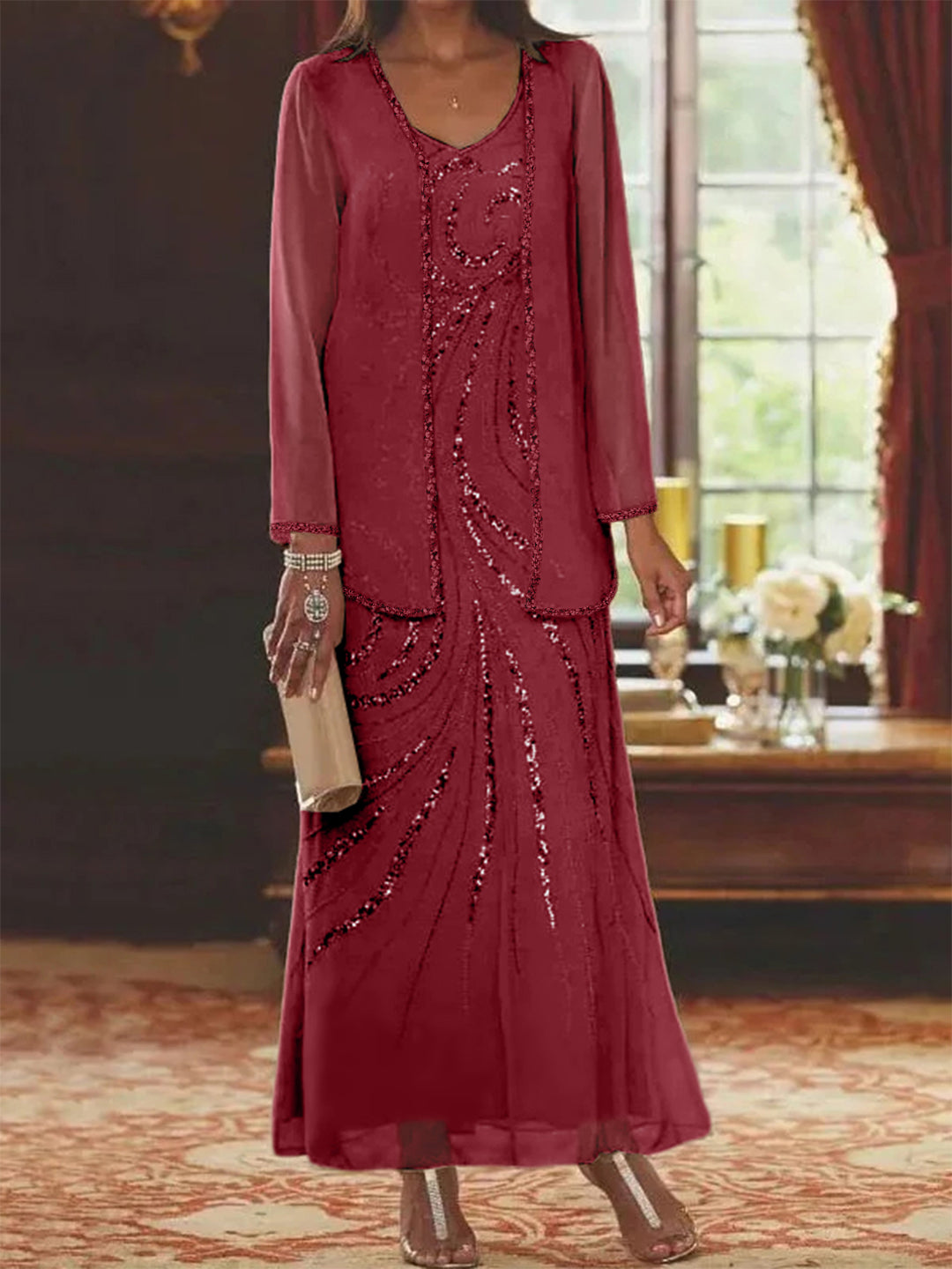 Chiffon Mother of the Bride Dress 3/4 Sleeve Wedding Guest Dress with Beadings