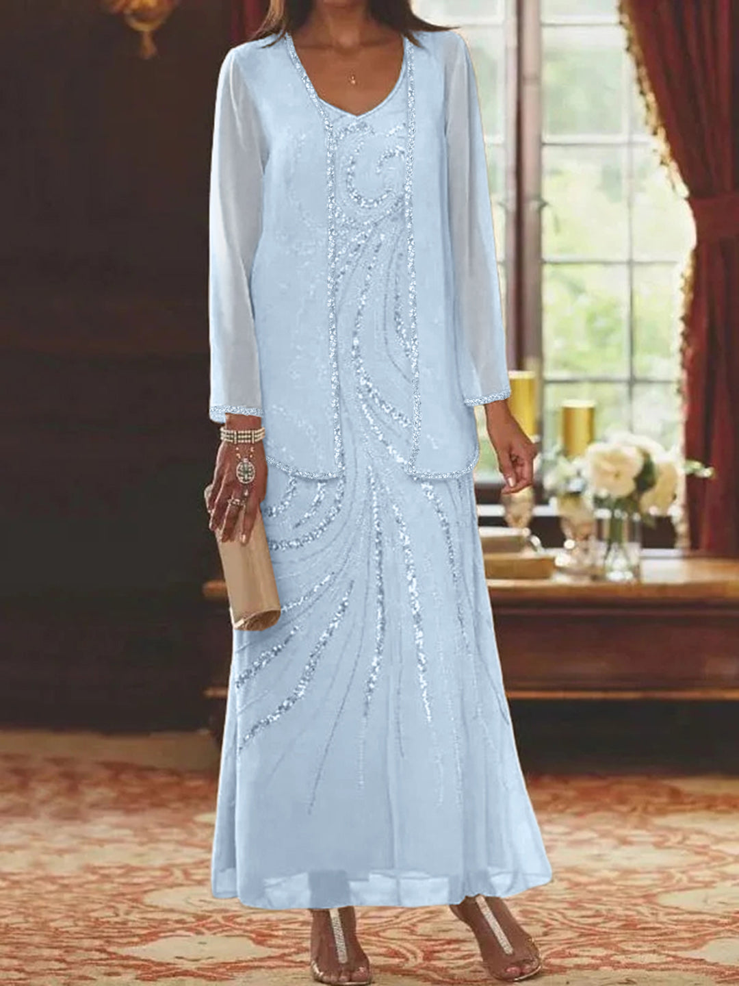 Chiffon Mother of the Bride Dress 3/4 Sleeve Wedding Guest Dress with Beadings