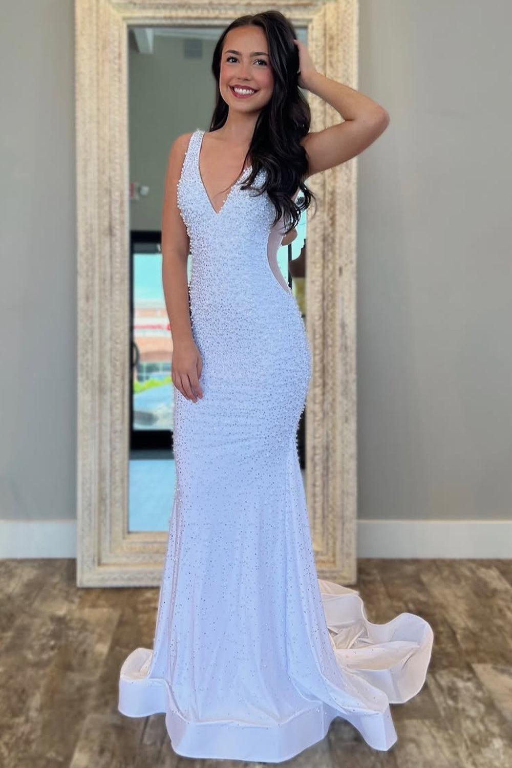 Suzhoufashion V-Neck Beaded Mermaid Prom Dress With Side Illusion Formal Evening Gown