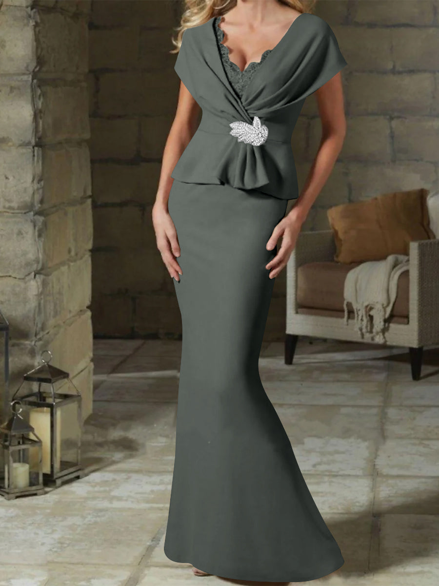 V Neck Belted Mother of the Bride Sheath Column Dress
