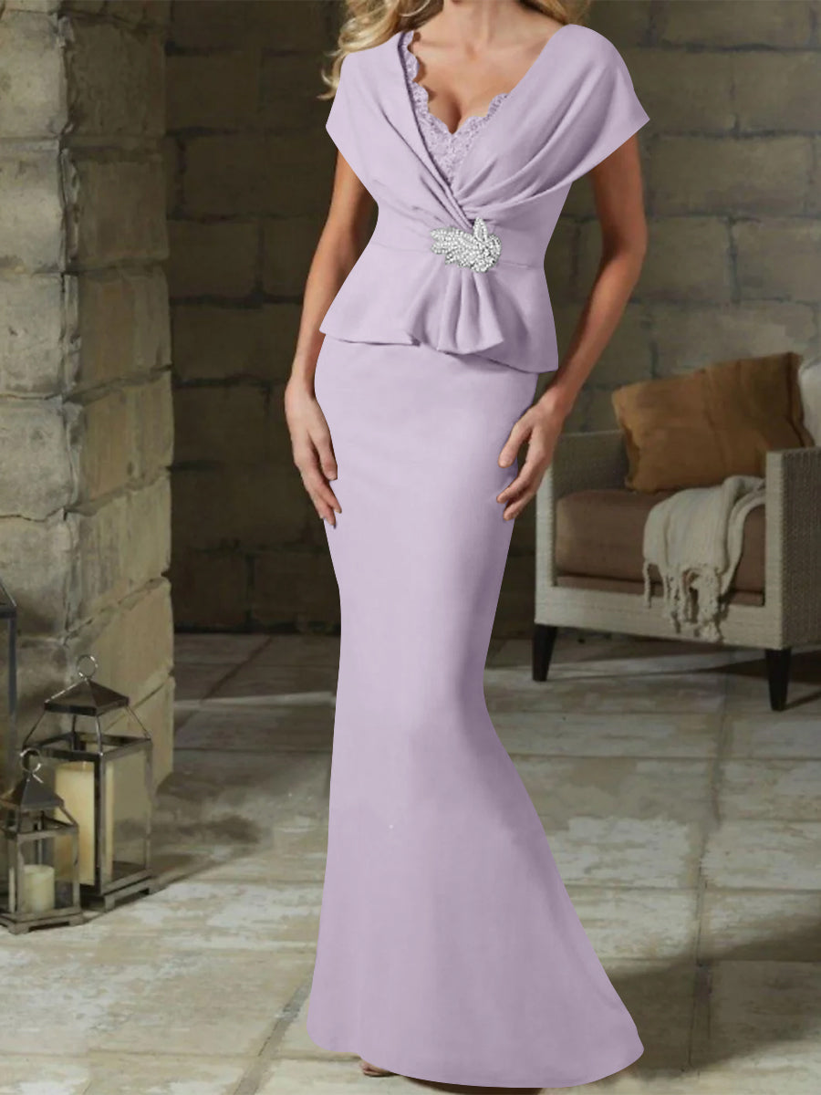 V Neck Belted Mother of the Bride Sheath Column Dress