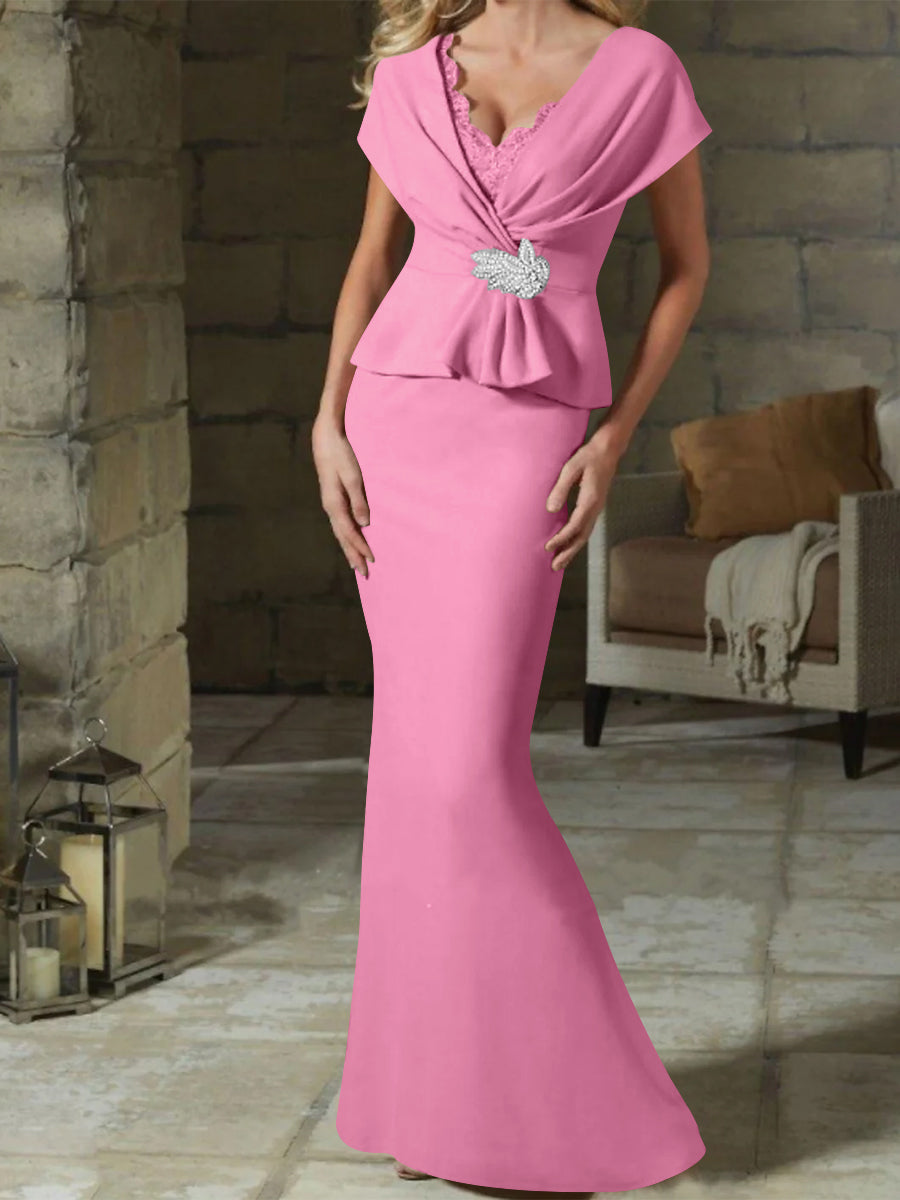 V Neck Belted Mother of the Bride Sheath Column Dress
