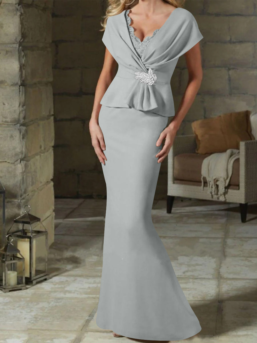 V Neck Belted Mother of the Bride Sheath Column Dress