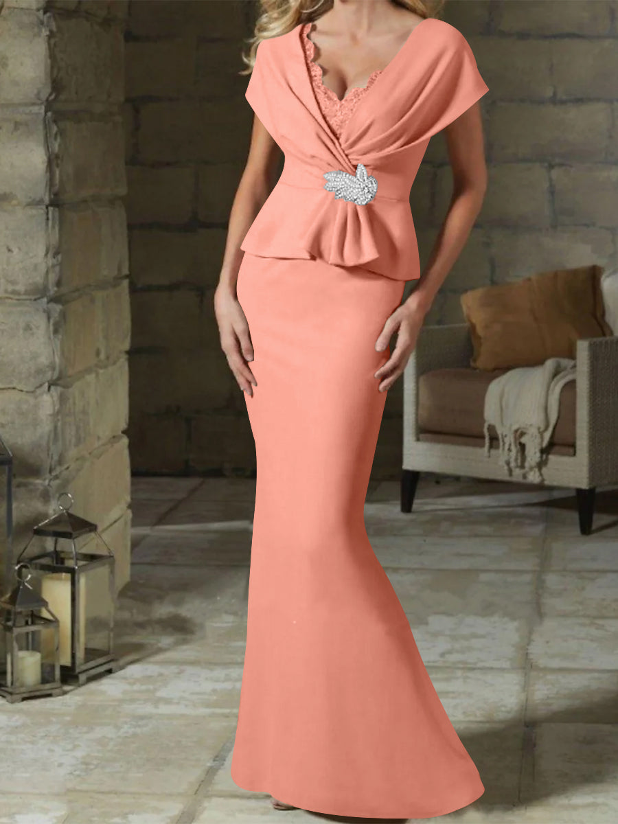V Neck Belted Mother of the Bride Sheath Column Dress