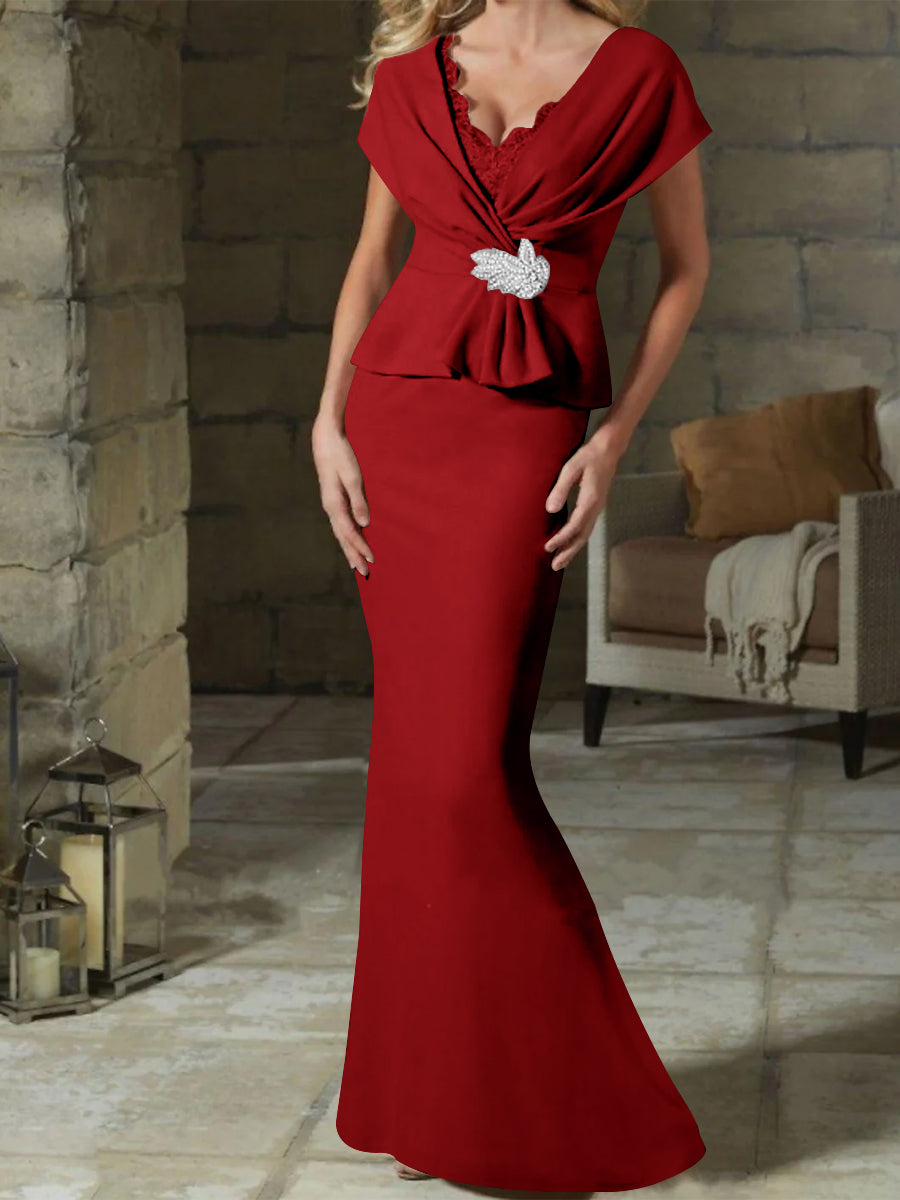 V Neck Belted Mother of the Bride Sheath Column Dress