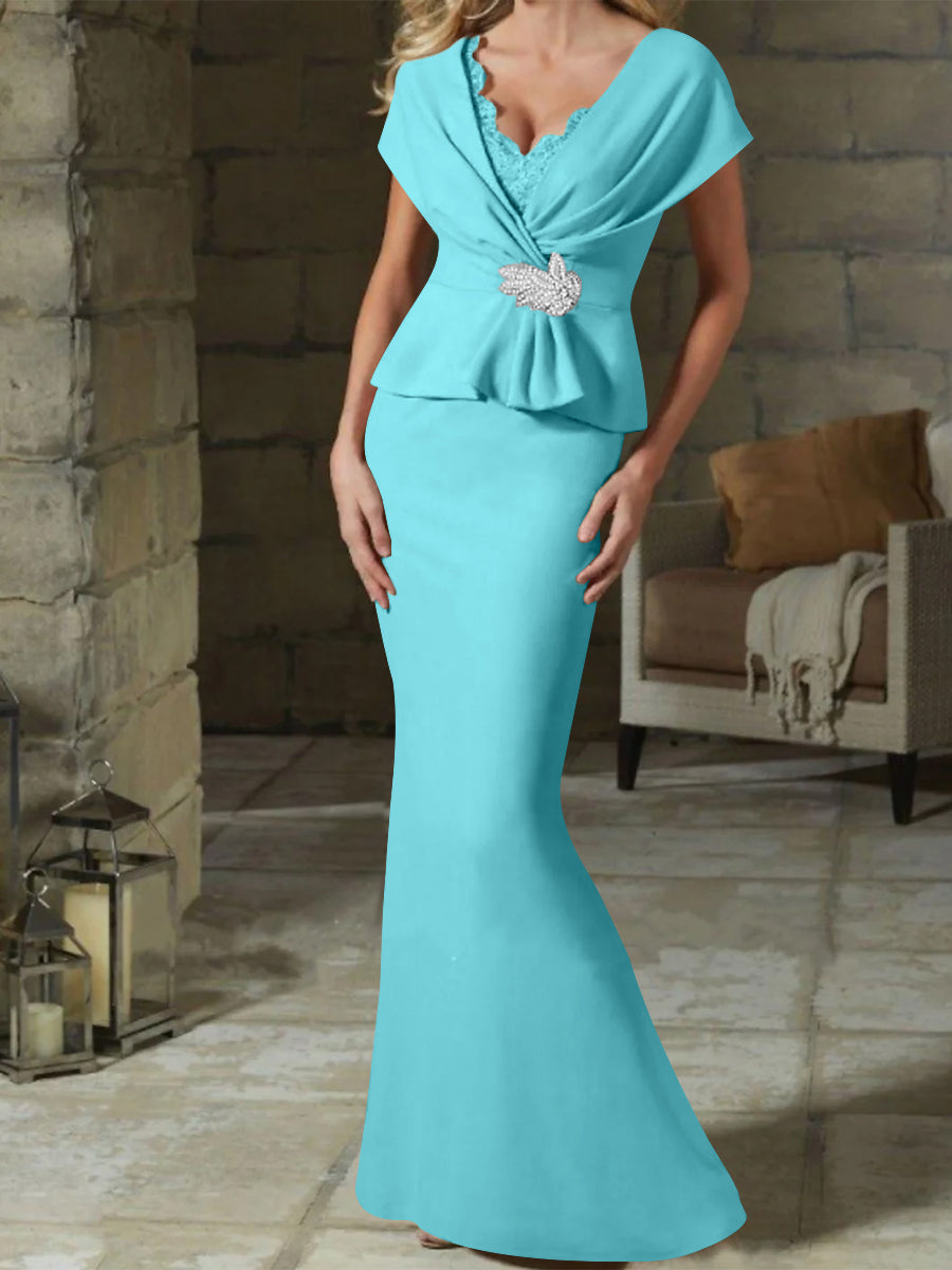 V Neck Belted Mother of the Bride Sheath Column Dress