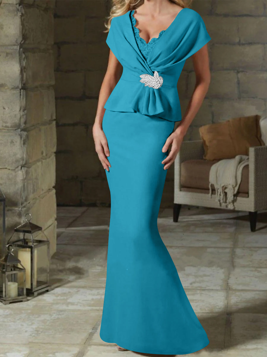 V Neck Belted Mother of the Bride Sheath Column Dress