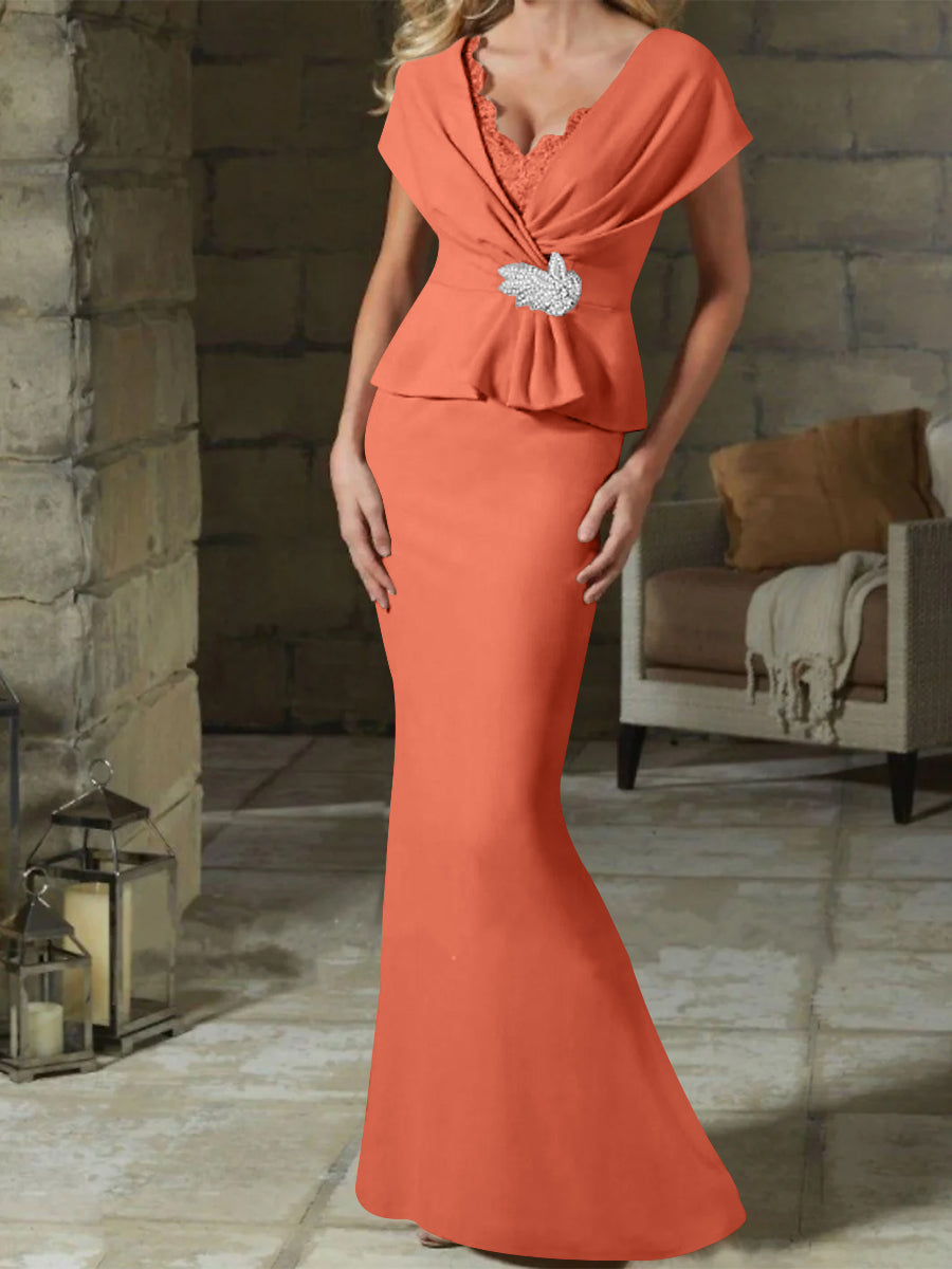 V Neck Belted Mother of the Bride Sheath Column Dress