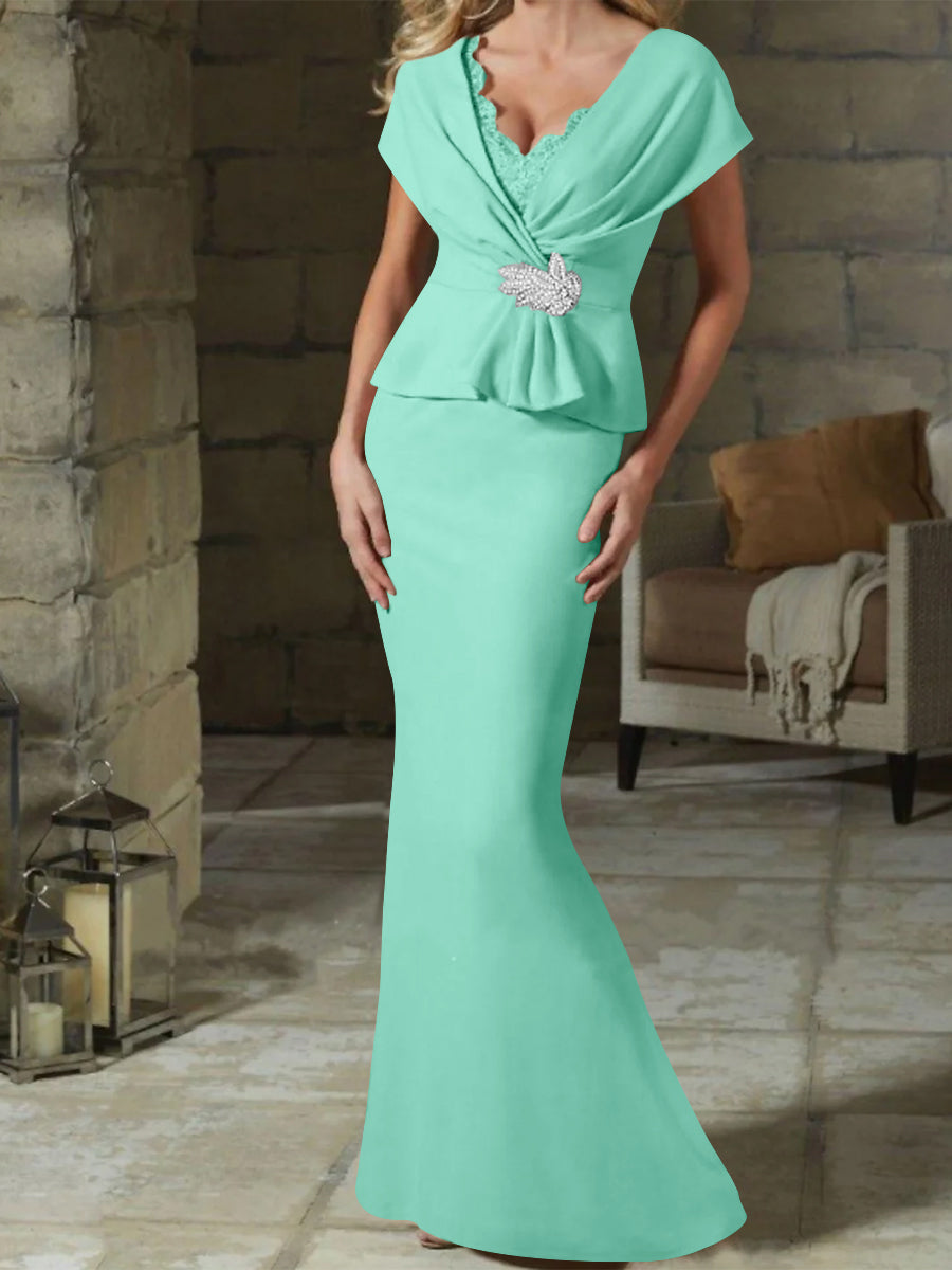 V Neck Belted Mother of the Bride Sheath Column Dress