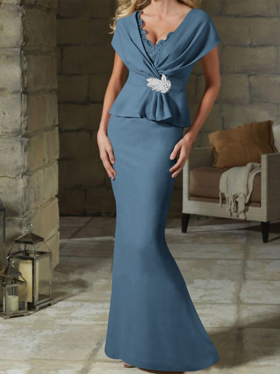V Neck Belted Mother of the Bride Sheath Column Dress