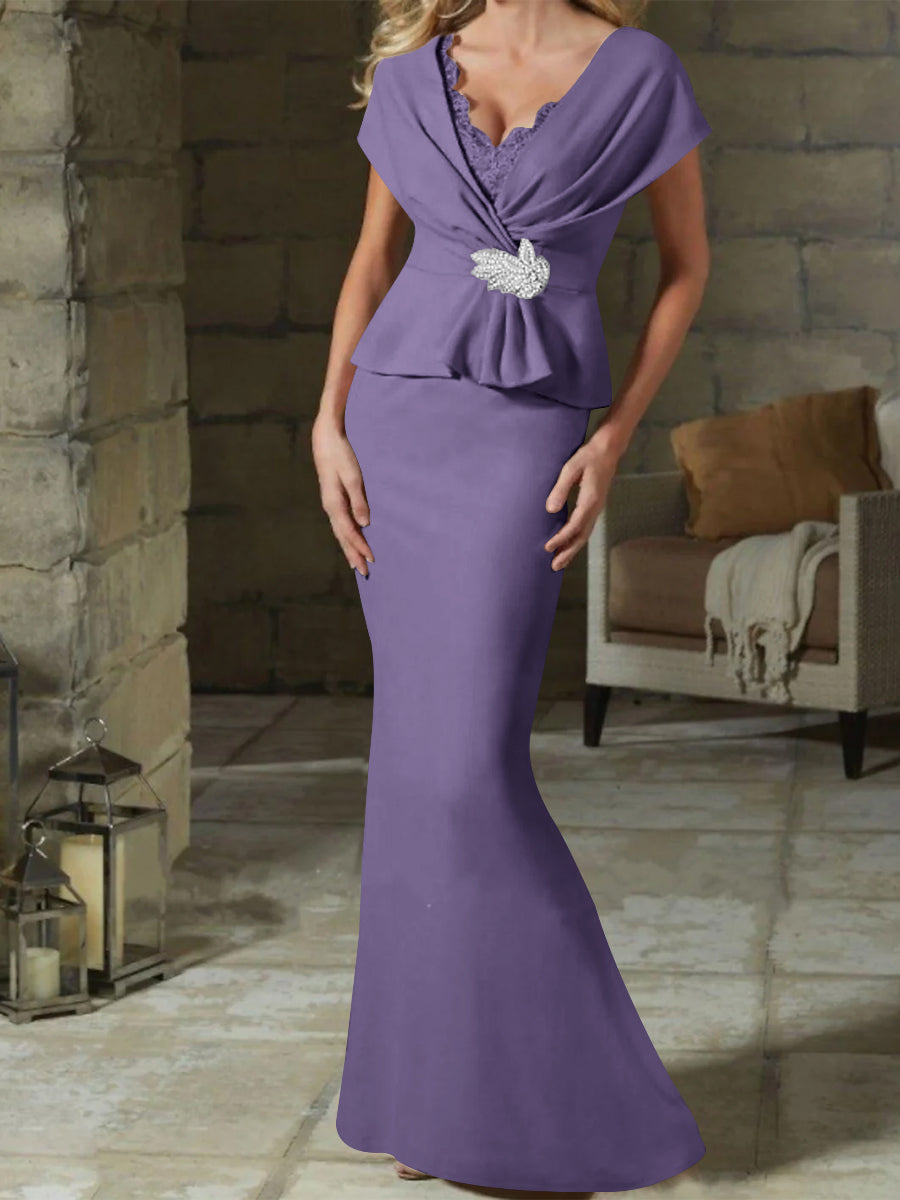 V Neck Belted Mother of the Bride Sheath Column Dress