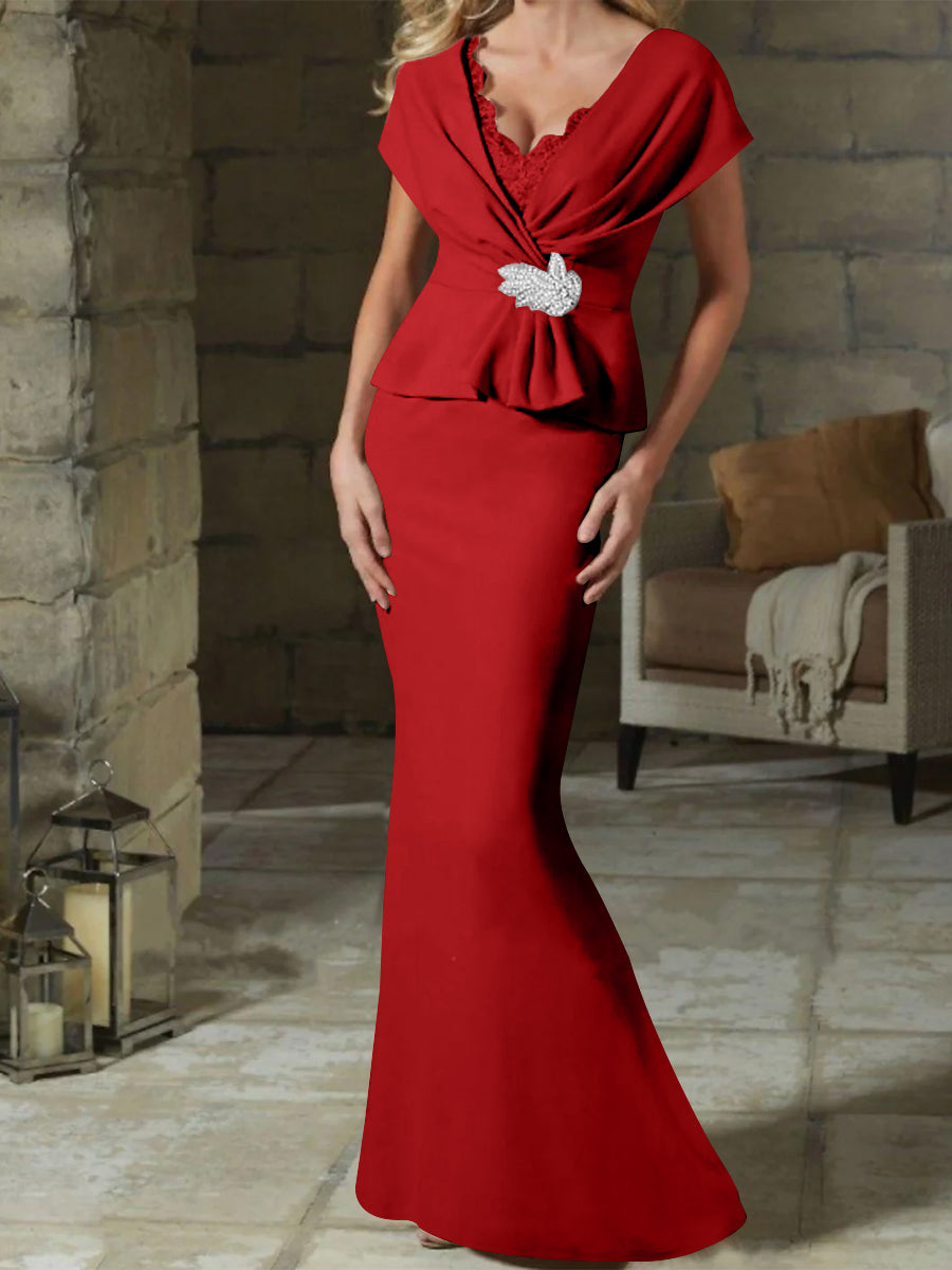 V Neck Belted Mother of the Bride Sheath Column Dress