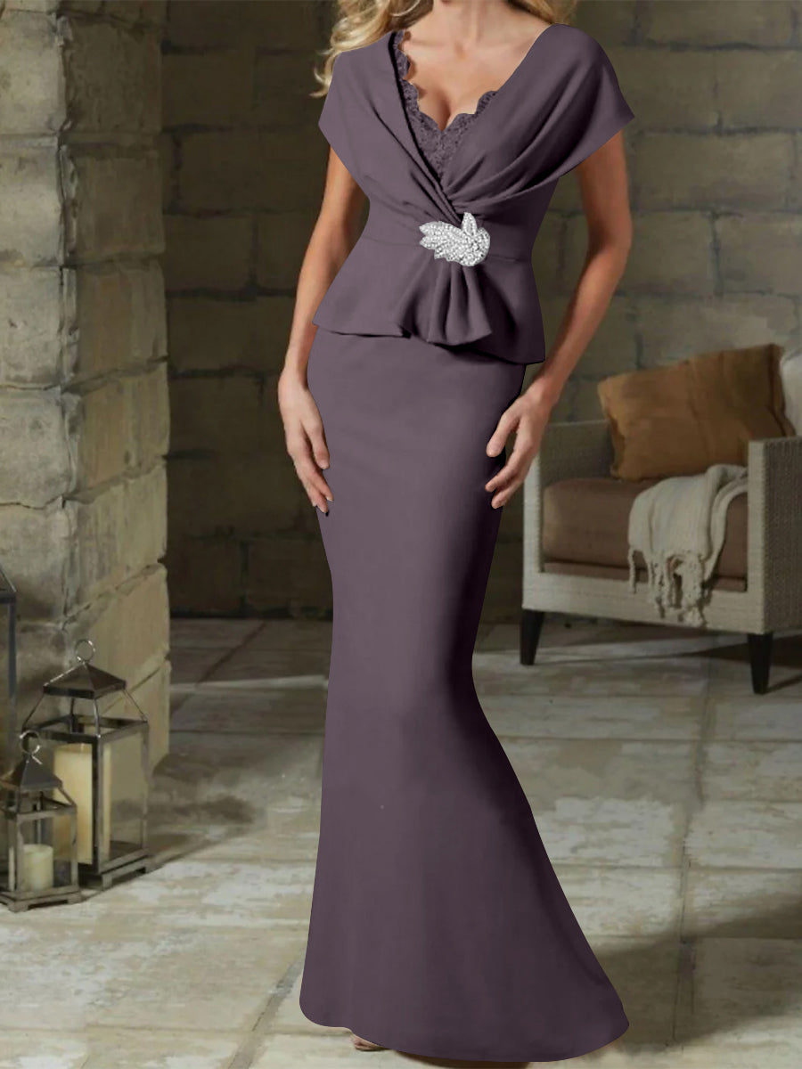 V Neck Belted Mother of the Bride Sheath Column Dress