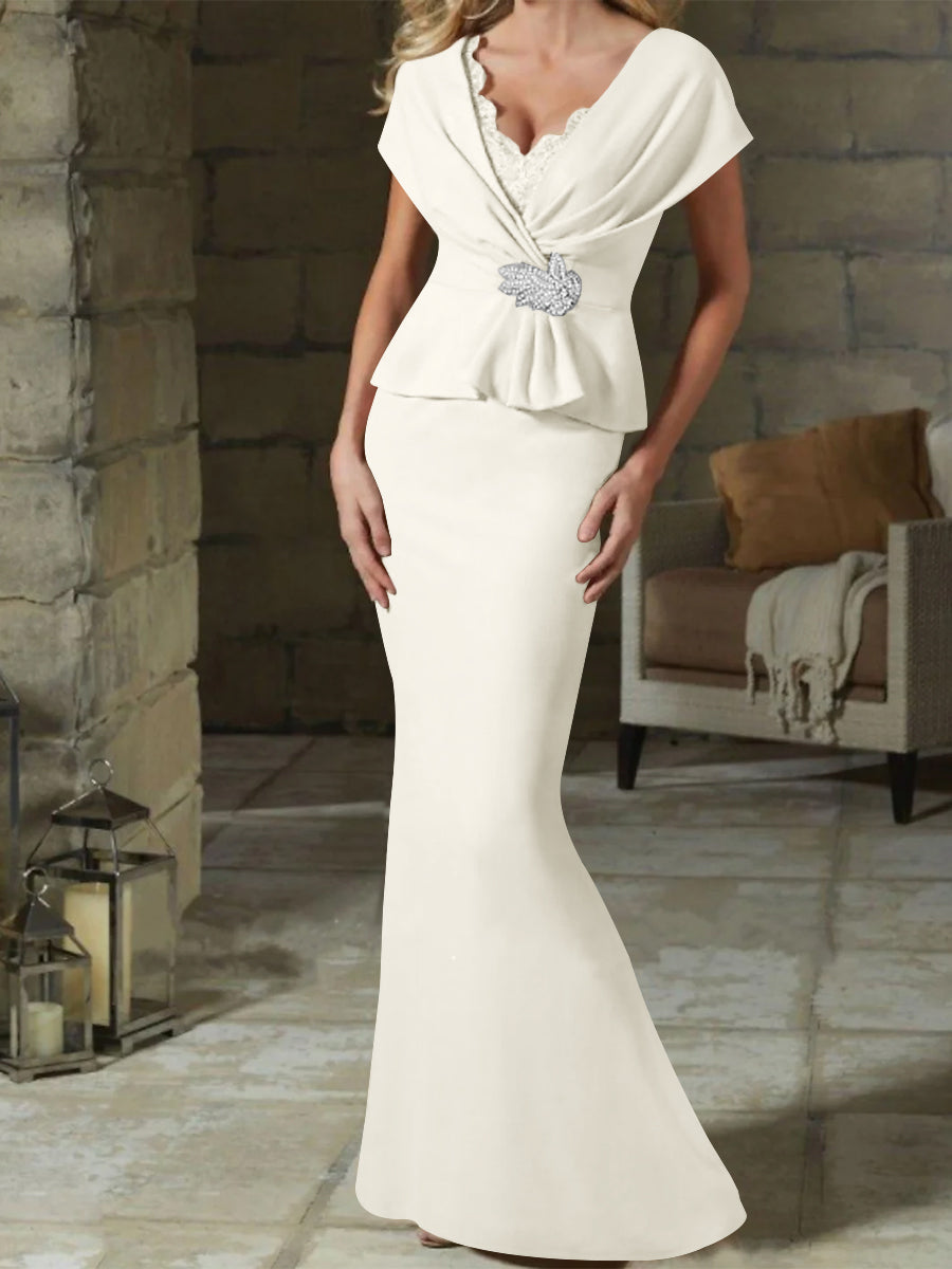 V Neck Belted Mother of the Bride Sheath Column Dress