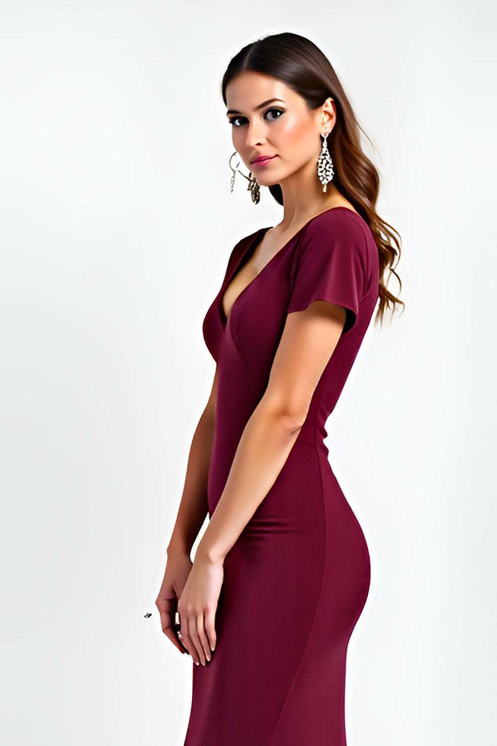 V-Neck Burgundy Wedding Guest Dress Short Sleeves Long Formal Dress