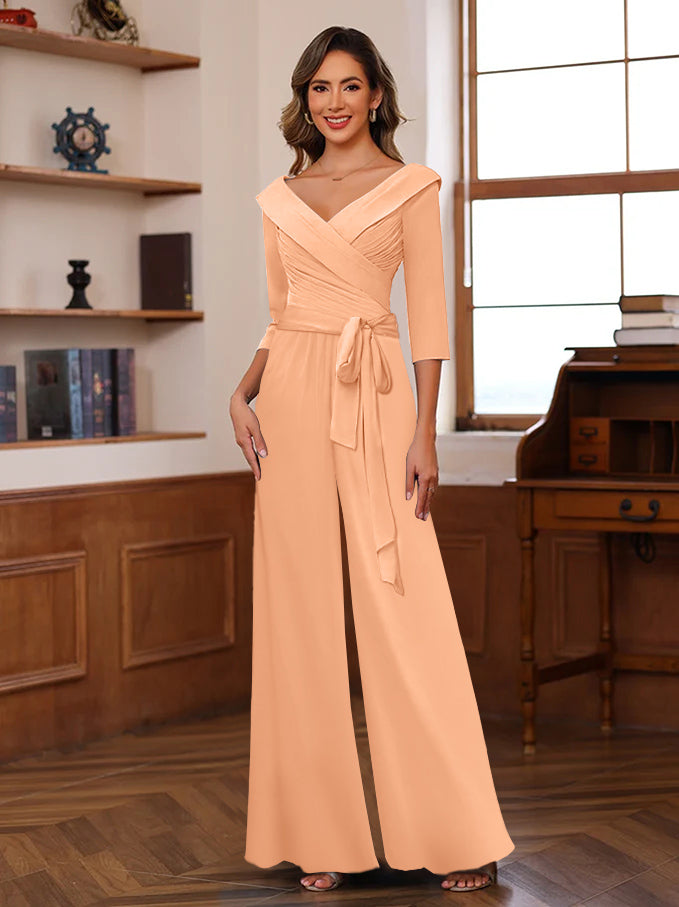 V Neck Chiffon Jumpsuit with Ruched Detail and 3/4 Sleeves for the Mother