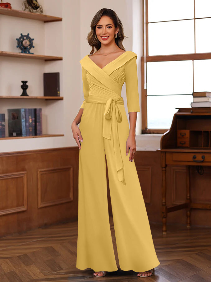V Neck Chiffon Jumpsuit with Ruched Detail and 3/4 Sleeves for the Mother