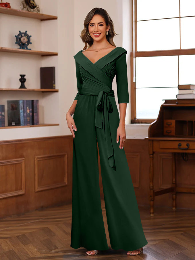 V Neck Chiffon Jumpsuit with Ruched Detail and 3/4 Sleeves for the Mother