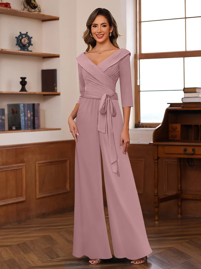V Neck Chiffon Jumpsuit with Ruched Detail and 3/4 Sleeves for the Mother
