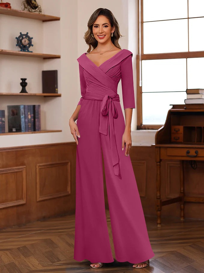 V Neck Chiffon Jumpsuit with Ruched Detail and 3/4 Sleeves for the Mother