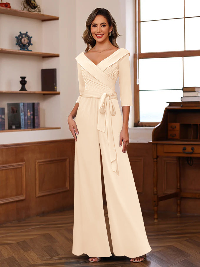 V Neck Chiffon Jumpsuit with Ruched Detail and 3/4 Sleeves for the Mother