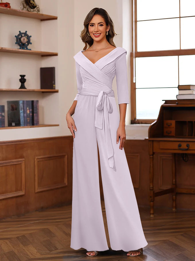 V Neck Chiffon Jumpsuit with Ruched Detail and 3/4 Sleeves for the Mother