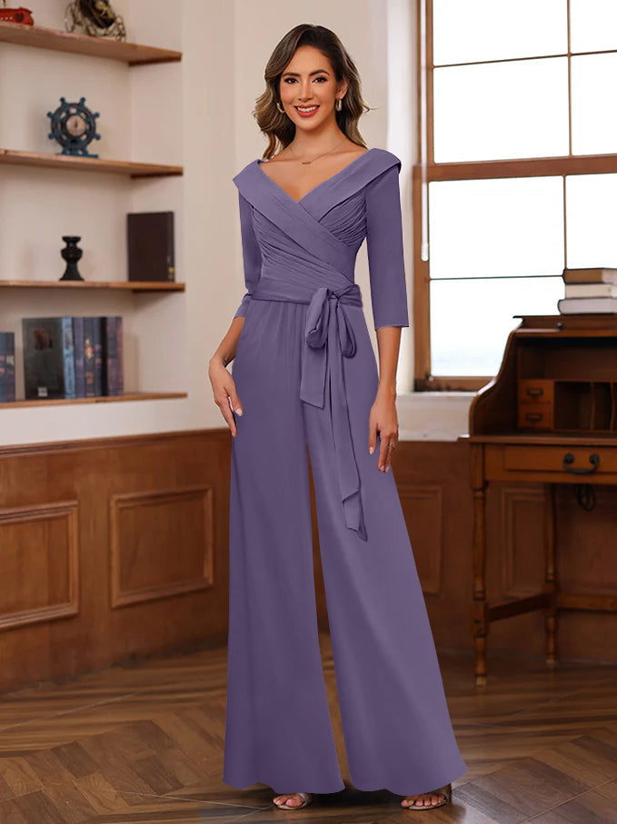 V Neck Chiffon Jumpsuit with Ruched Detail and 3/4 Sleeves for the Mother