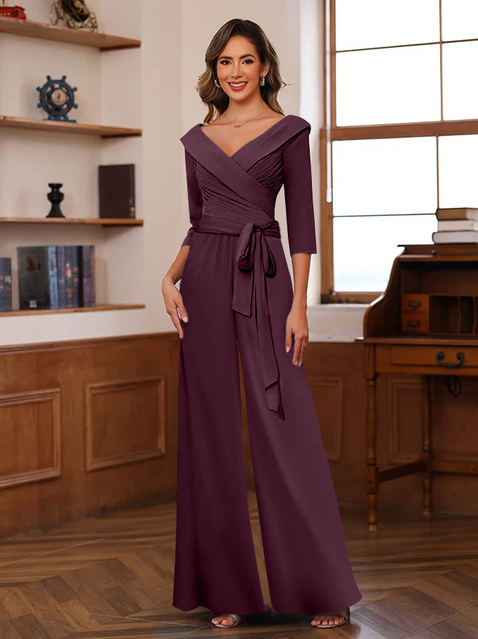 V Neck Chiffon Jumpsuit with Ruched Detail and 3/4 Sleeves for the Mother