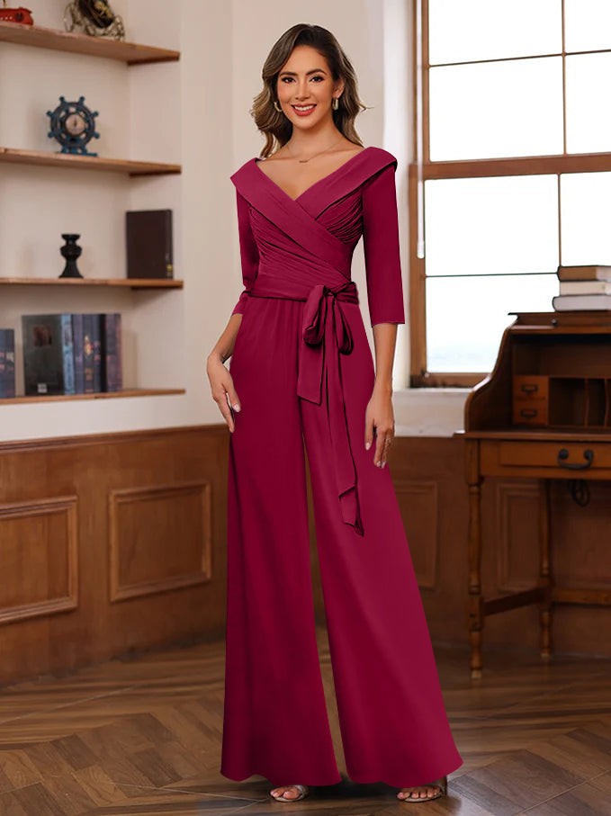 V Neck Chiffon Jumpsuit with Ruched Detail and 3/4 Sleeves for the Mother