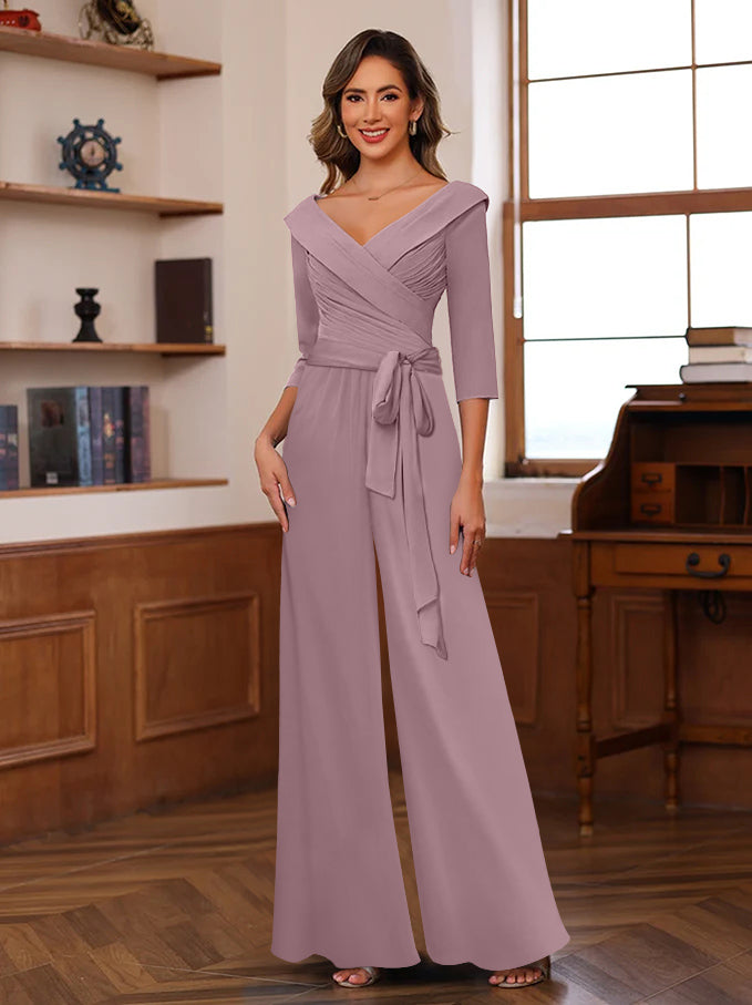 V Neck Chiffon Jumpsuit with Ruched Detail and 3/4 Sleeves for the Mother