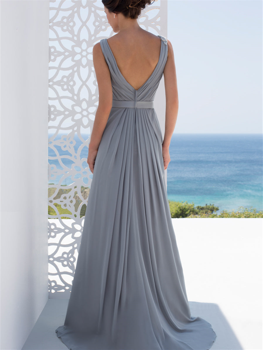 V Neck Long A Line Mother of the Bride Dress
