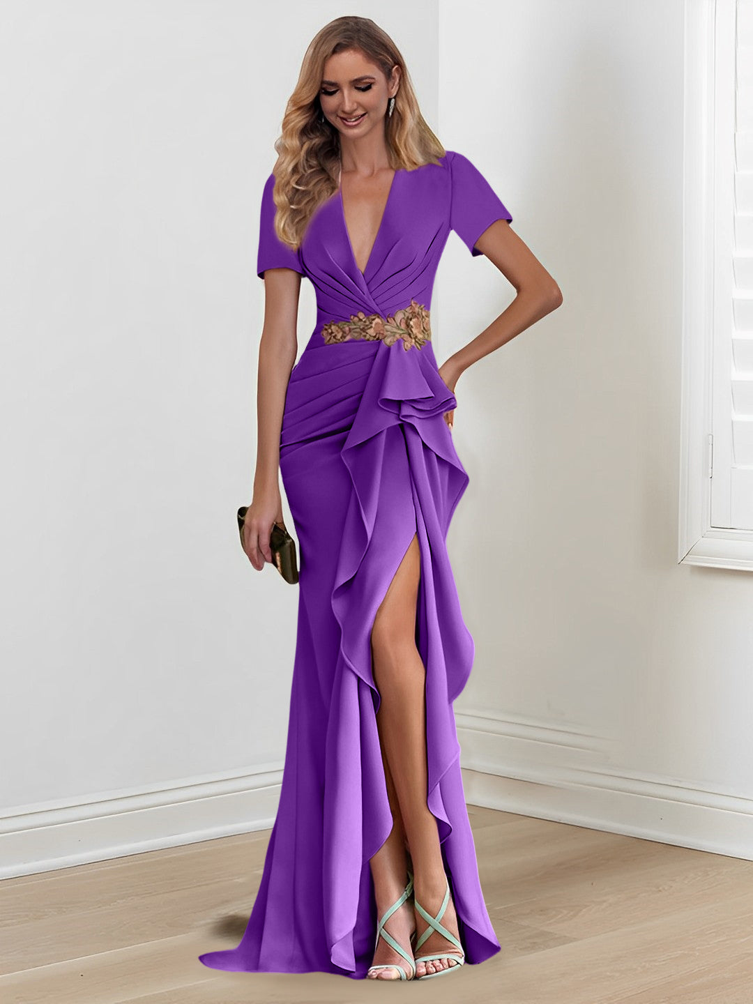 V Neck Long Mermaid Trumpet Mother of the Bride Dress with Ruffles