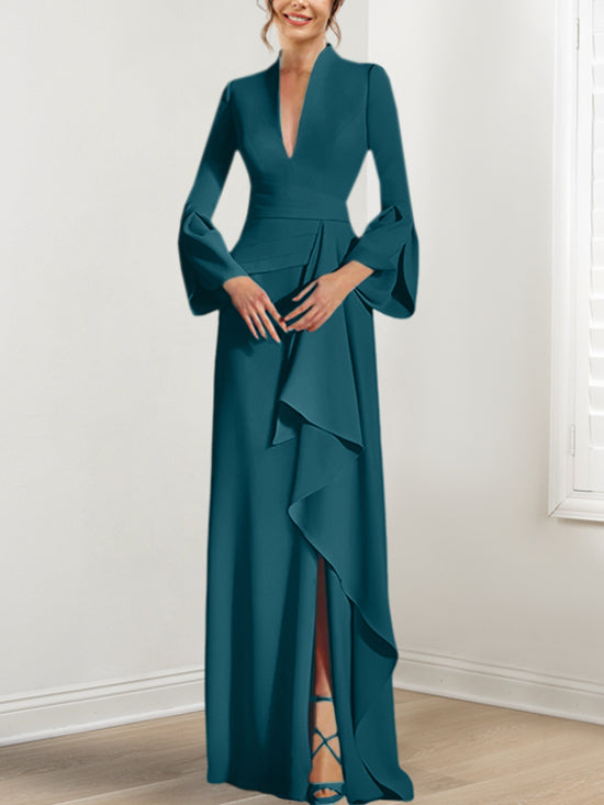 V Neck Long Mother of the Bride Dress With Side Split and Long Sleeves