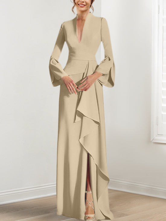 V Neck Long Mother of the Bride Dress With Side Split and Long Sleeves