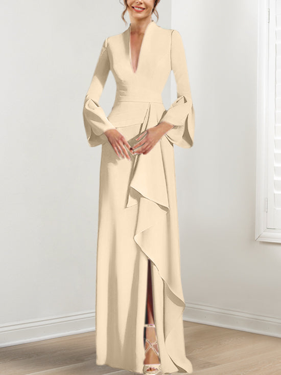 V Neck Long Mother of the Bride Dress With Side Split and Long Sleeves