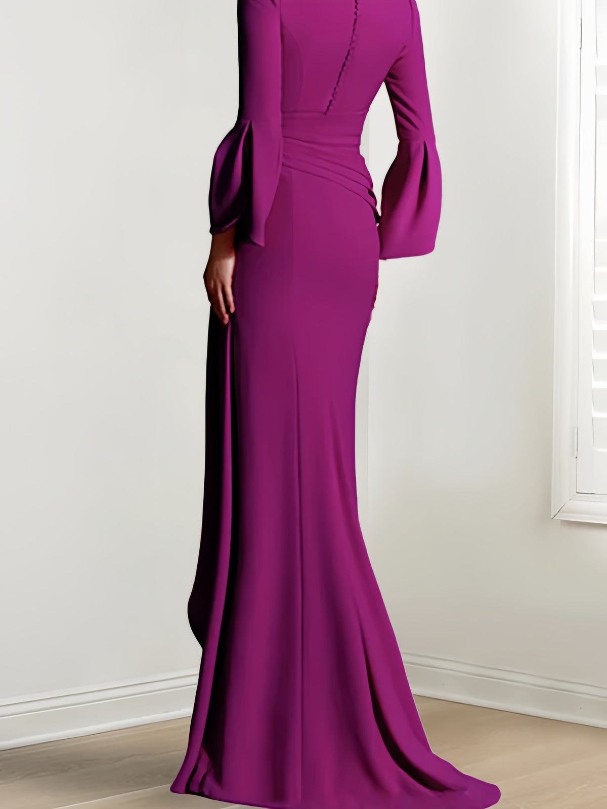 V Neck Long Mother of the Bride Dress With Side Split and Long Sleeves