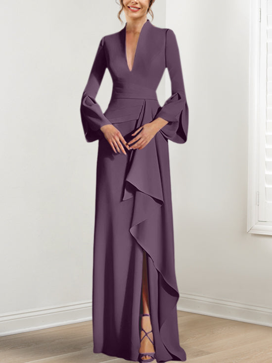 V Neck Long Mother of the Bride Dress With Side Split and Long Sleeves