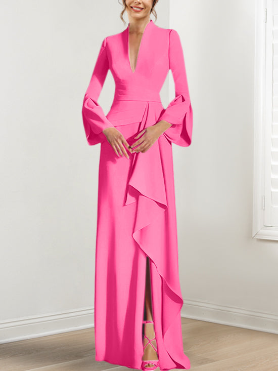 V Neck Long Mother of the Bride Dress With Side Split and Long Sleeves