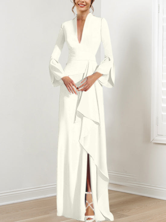 V Neck Long Mother of the Bride Dress With Side Split and Long Sleeves