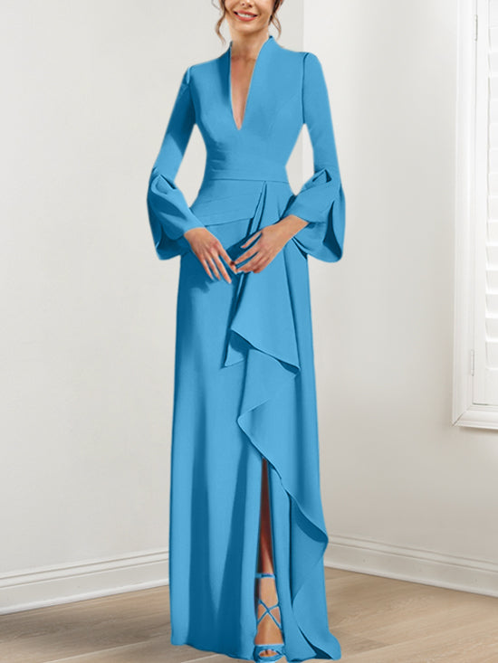 V Neck Long Mother of the Bride Dress With Side Split and Long Sleeves