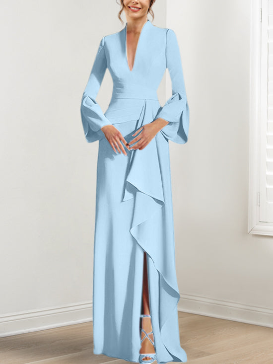 V Neck Long Mother of the Bride Dress With Side Split and Long Sleeves