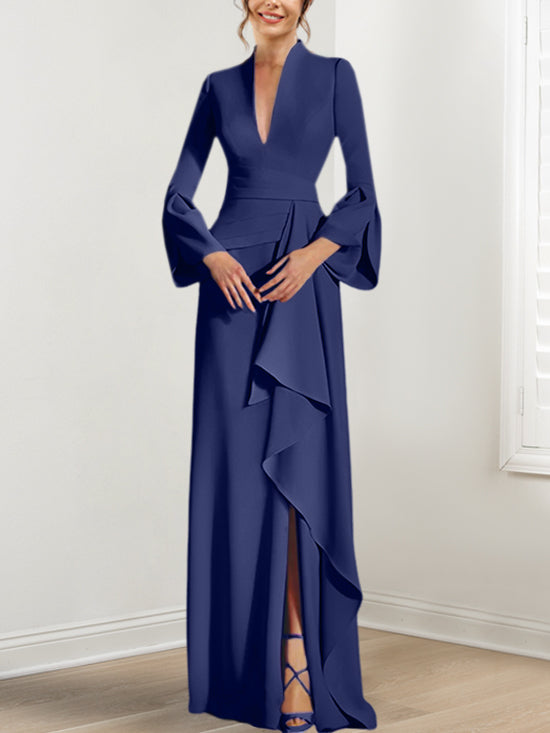 V Neck Long Mother of the Bride Dress With Side Split and Long Sleeves