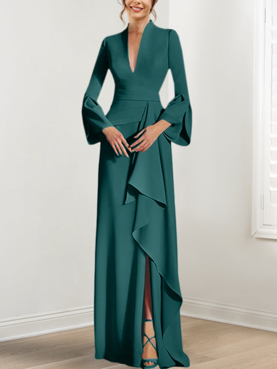 V Neck Long Mother of the Bride Dress With Side Split and Long Sleeves