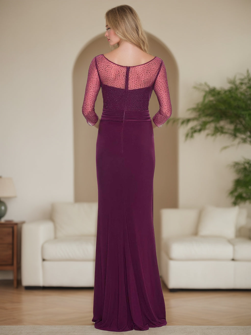 V Neck Long Mother of the Bride Dress with Rhinestones Ruched Details and Ruffles
