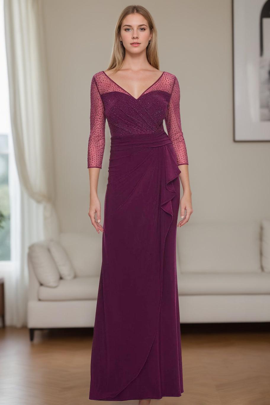 V Neck Long Mother of the Bride Dress with Rhinestones Ruched Details and Ruffles
